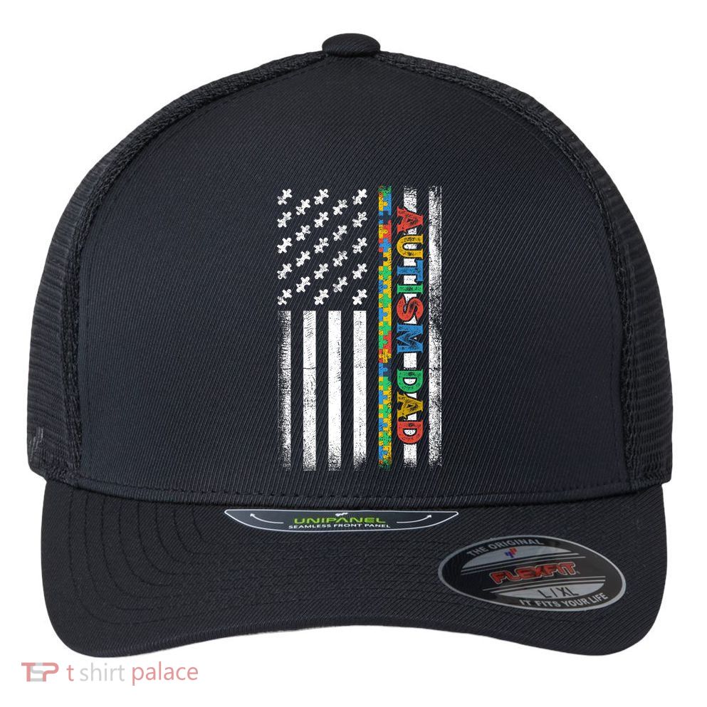 Autism Dad Awareness American Flag USA Flexfit Unipanel Trucker Cap