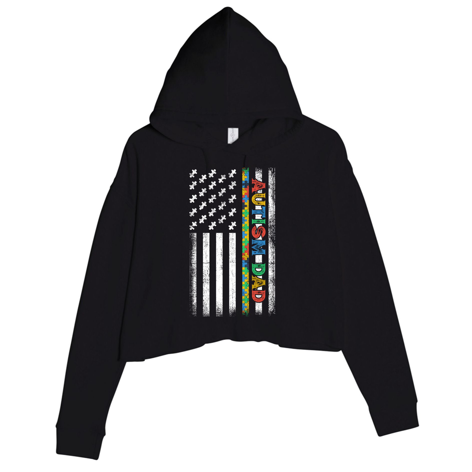 Autism Dad Awareness American Flag USA Crop Fleece Hoodie