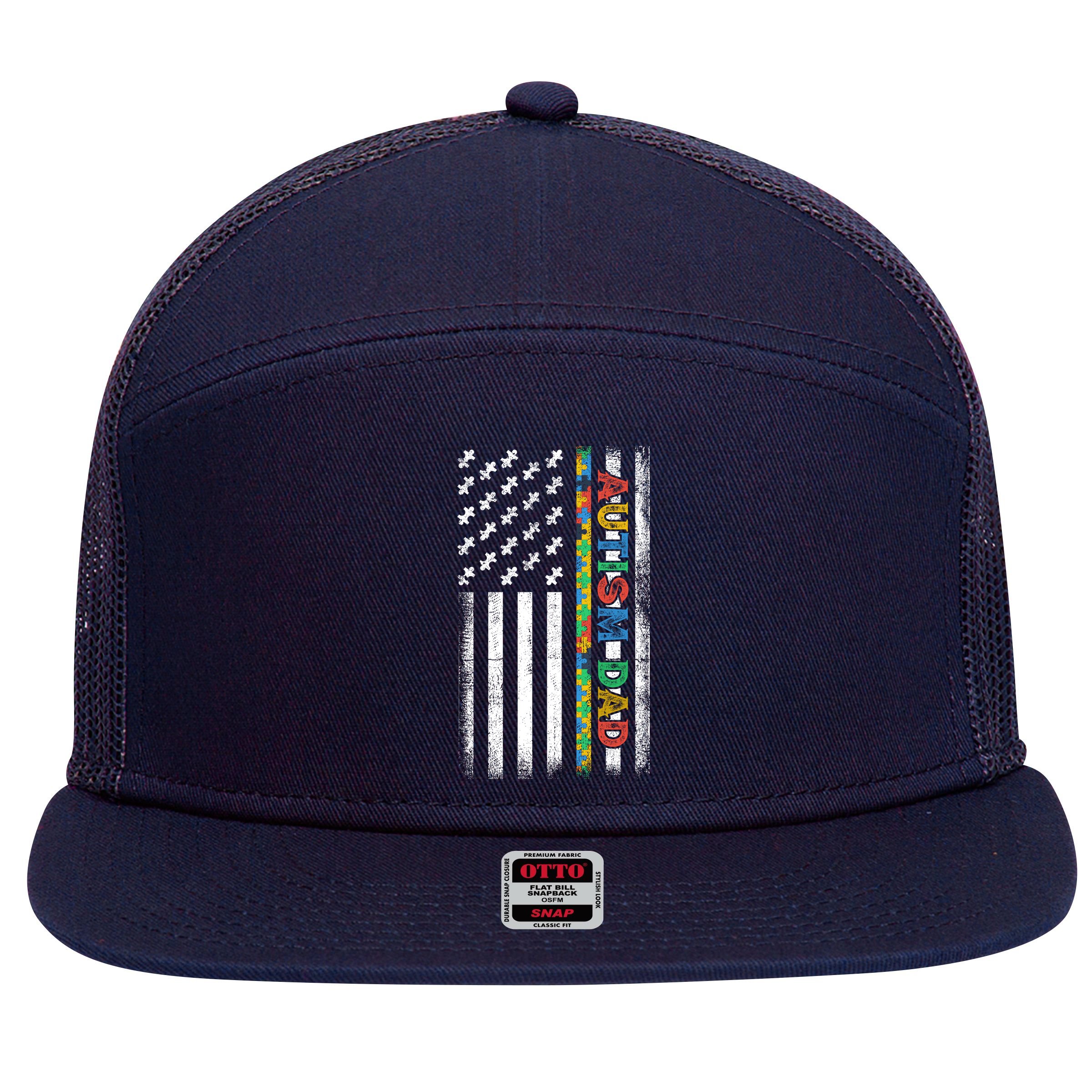 Autism Dad Awareness American Flag USA 7 Panel Mesh Trucker Snapback Hat