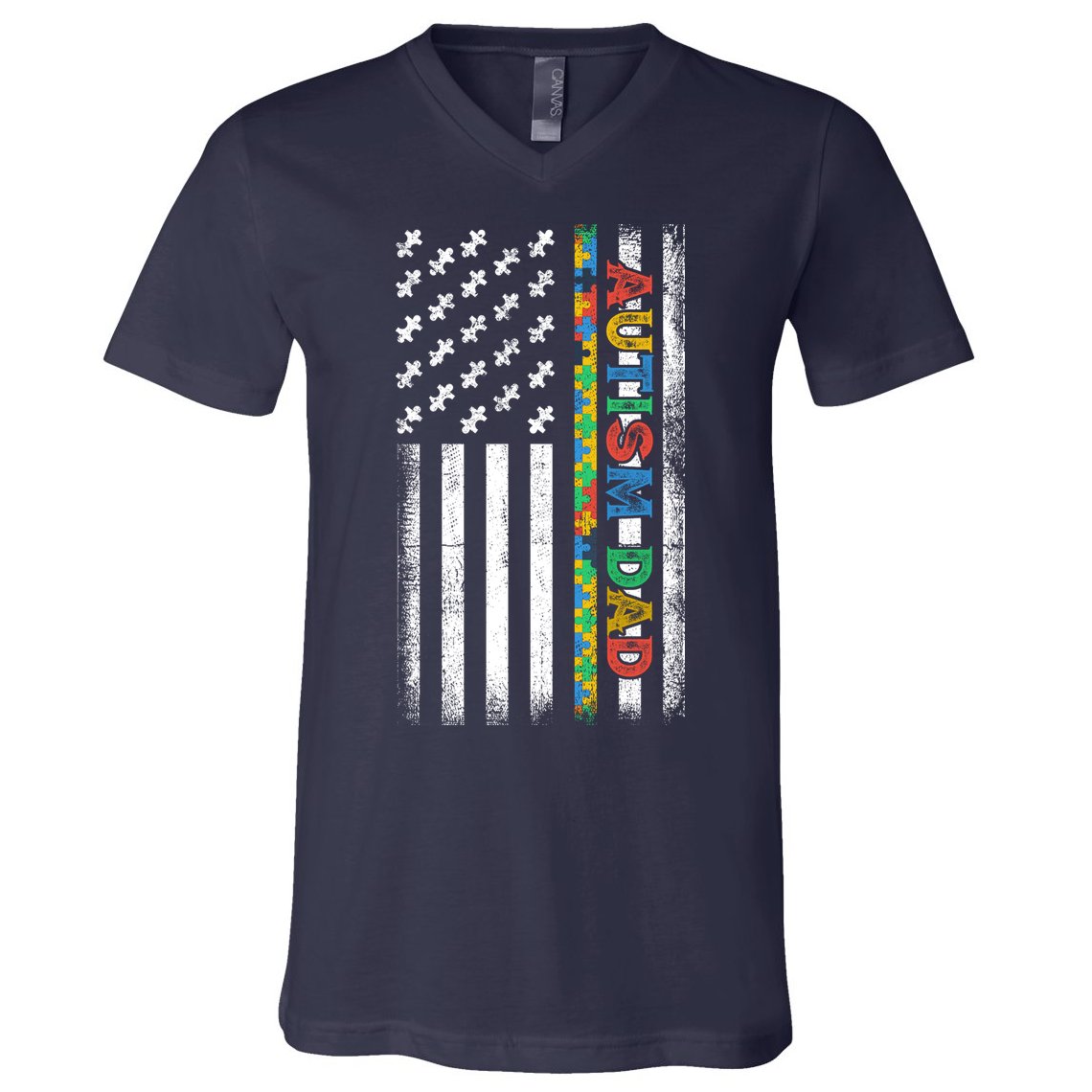 Autism Dad Awareness American Flag USA V-Neck T-Shirt