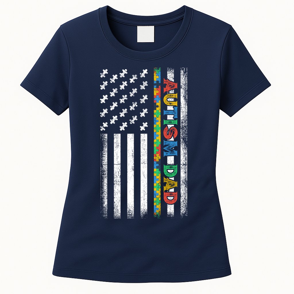 Autism Dad Awareness American Flag USA Womens T-Shirt
