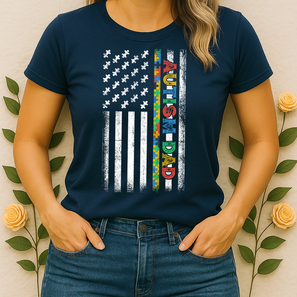 Autism Dad Awareness American Flag USA Womens T-Shirt
