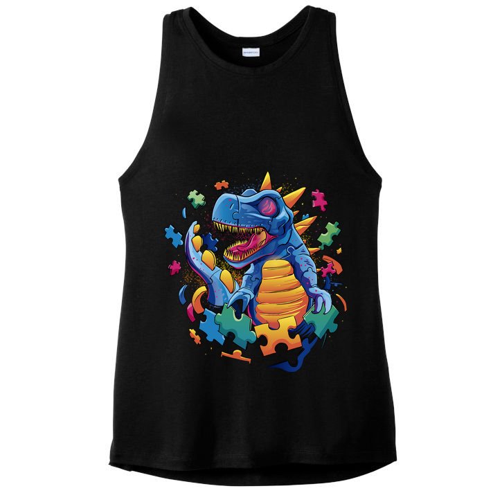 Autism Dinosaur And Puzzle Pieces Ladies PosiCharge Tri-Blend Wicking Tank