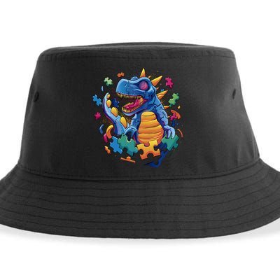 Autism Dinosaur And Puzzle Pieces Sustainable Bucket Hat