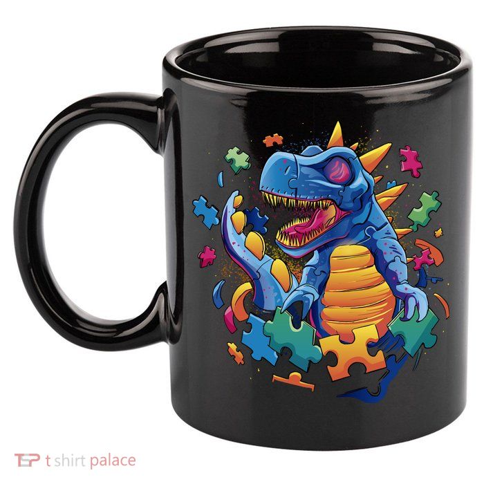 Autism Dinosaur And Puzzle Pieces 11oz C Handle Ceramic Mug