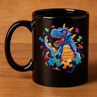 Autism Dinosaur And Puzzle Pieces 11oz C Handle Ceramic Mug