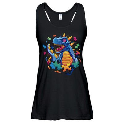Autism Dinosaur And Puzzle Pieces Ladies Essential Flowy Tank