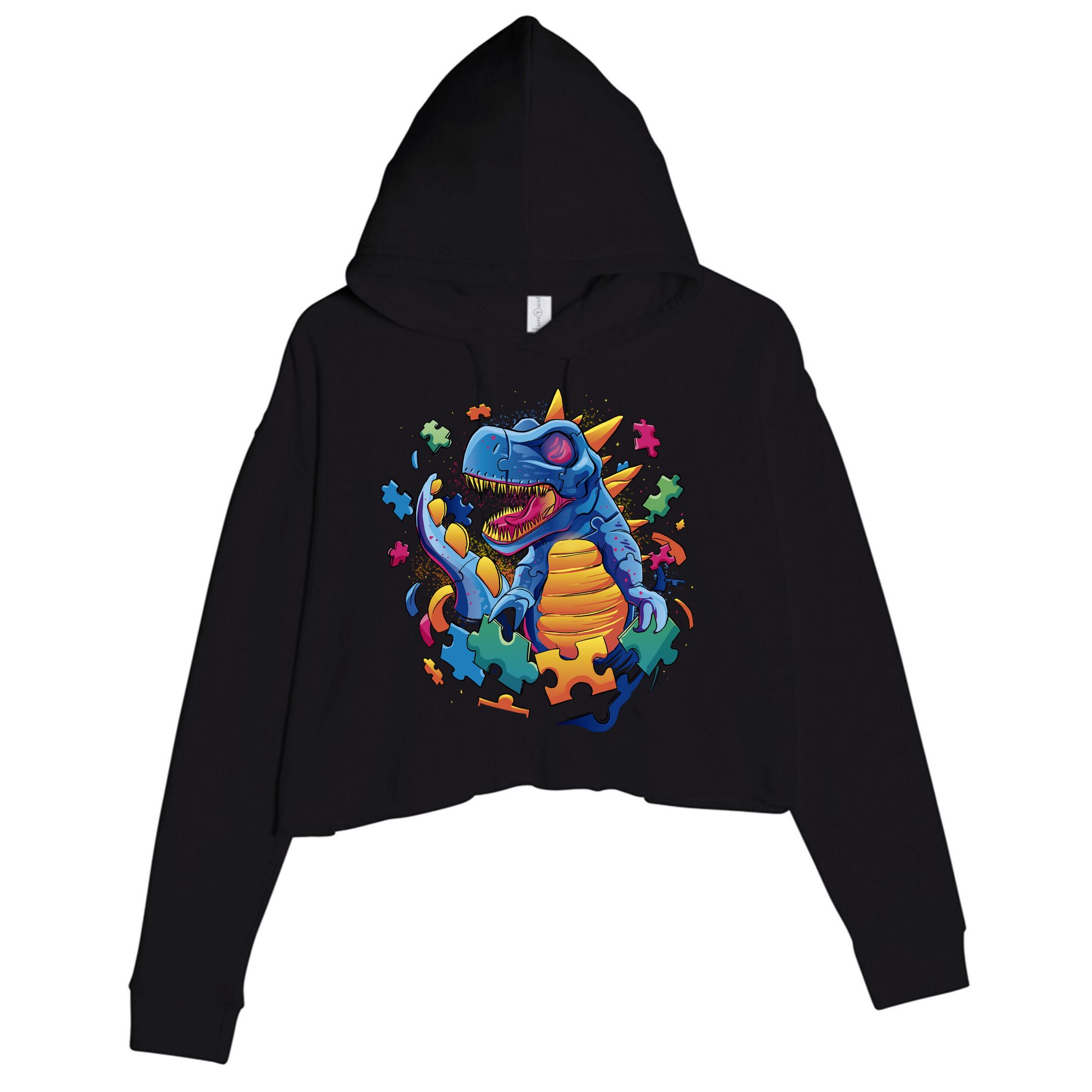Autism Dinosaur And Puzzle Pieces Crop Fleece Hoodie