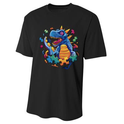 Autism Dinosaur And Puzzle Pieces Performance Sprint T-Shirt