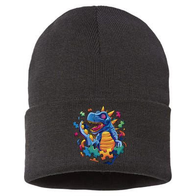 Autism Dinosaur And Puzzle Pieces Sustainable Knit Beanie