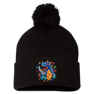 Autism Dinosaur And Puzzle Pieces Pom Pom 12in Knit Beanie