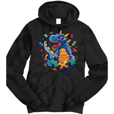 Autism Dinosaur And Puzzle Pieces Tie Dye Hoodie