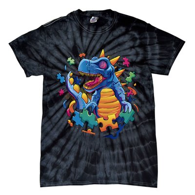 Autism Dinosaur And Puzzle Pieces Tie-Dye T-Shirt