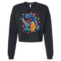 Autism Dinosaur And Puzzle Pieces Cropped Pullover Crew