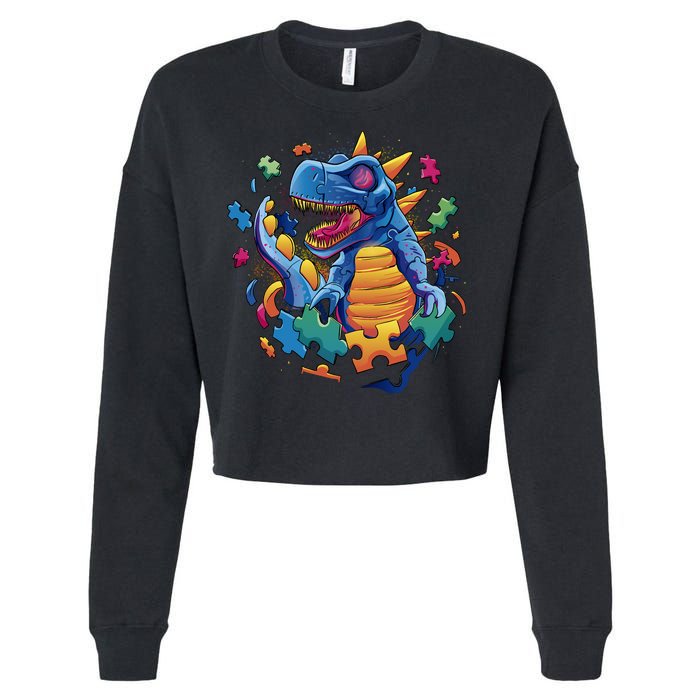 Autism Dinosaur And Puzzle Pieces Cropped Pullover Crew