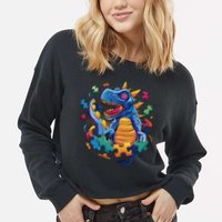Autism Dinosaur And Puzzle Pieces Cropped Pullover Crew