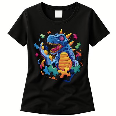 Autism Dinosaur And Puzzle Pieces Womens T-Shirt