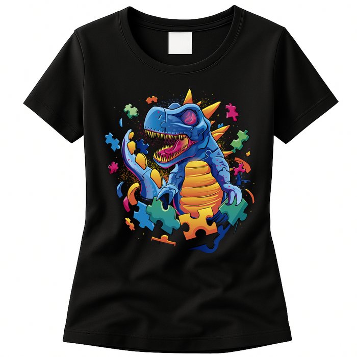 Autism Dinosaur And Puzzle Pieces Womens T-Shirt