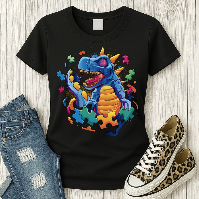 Autism Dinosaur And Puzzle Pieces Womens T-Shirt
