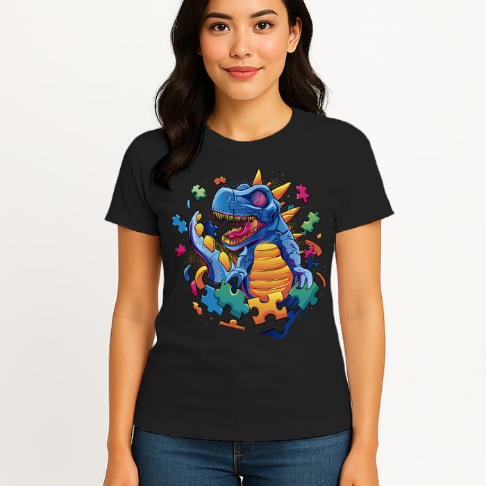 Autism Dinosaur And Puzzle Pieces Womens T-Shirt