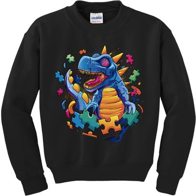 Autism Dinosaur And Puzzle Pieces Kids Sweatshirt