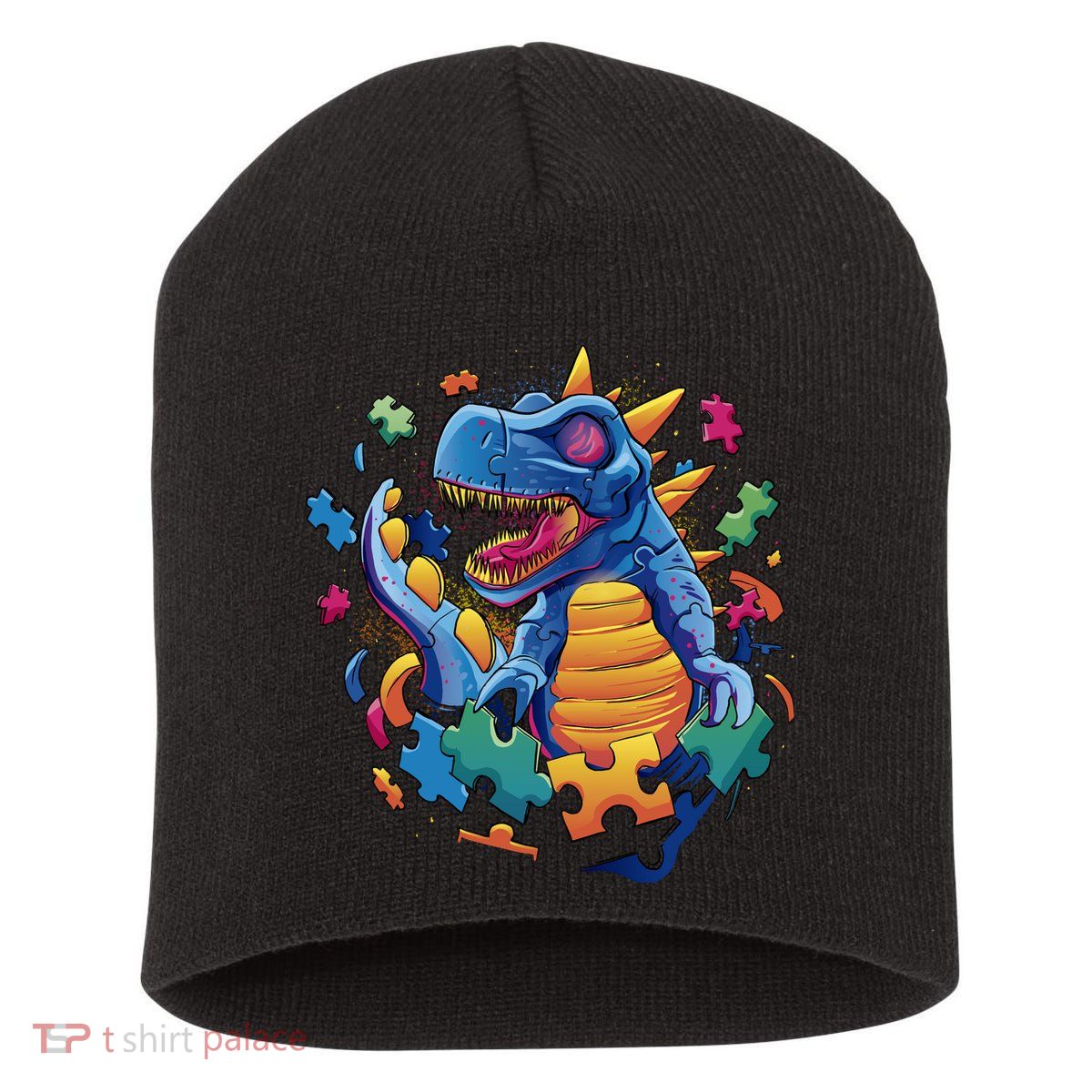 Autism Dinosaur And Puzzle Pieces Short Acrylic Beanie