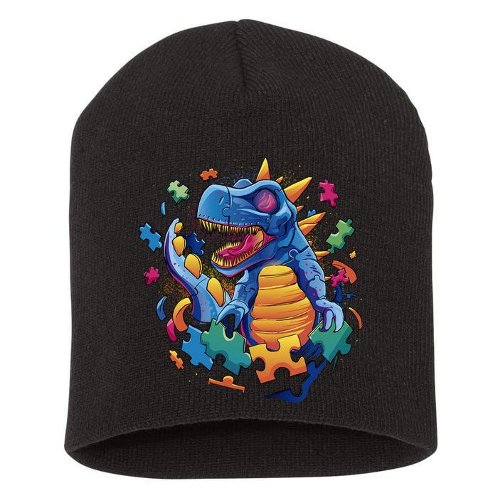 Autism Dinosaur And Puzzle Pieces Short Acrylic Beanie