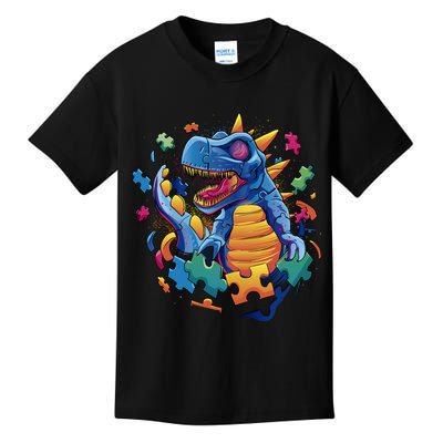 Autism Dinosaur And Puzzle Pieces Kids T-Shirt