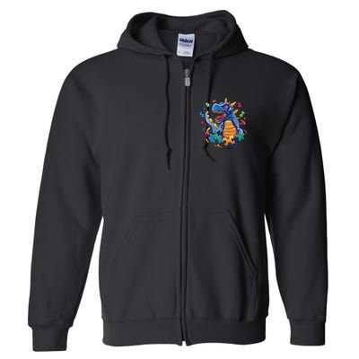 Autism Dinosaur And Puzzle Pieces Full Zip Hoodie