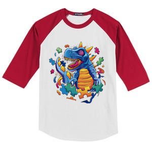 Autism Dinosaur And Puzzle Pieces Kids Colorblock Raglan Jersey