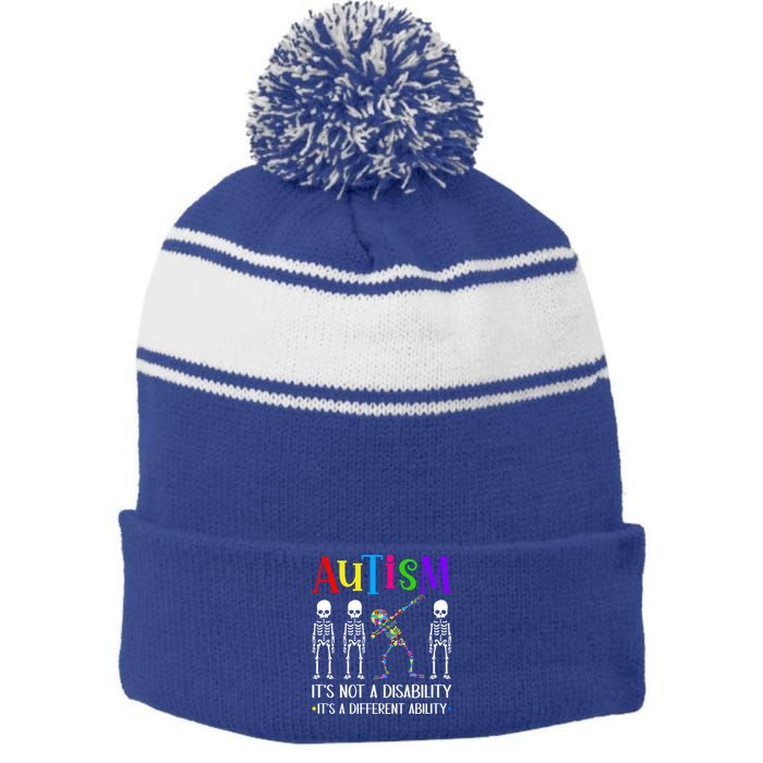 Autism Different Ability Autistic Dabbing Skeleton Great Gift Stripe Pom Pom Beanie