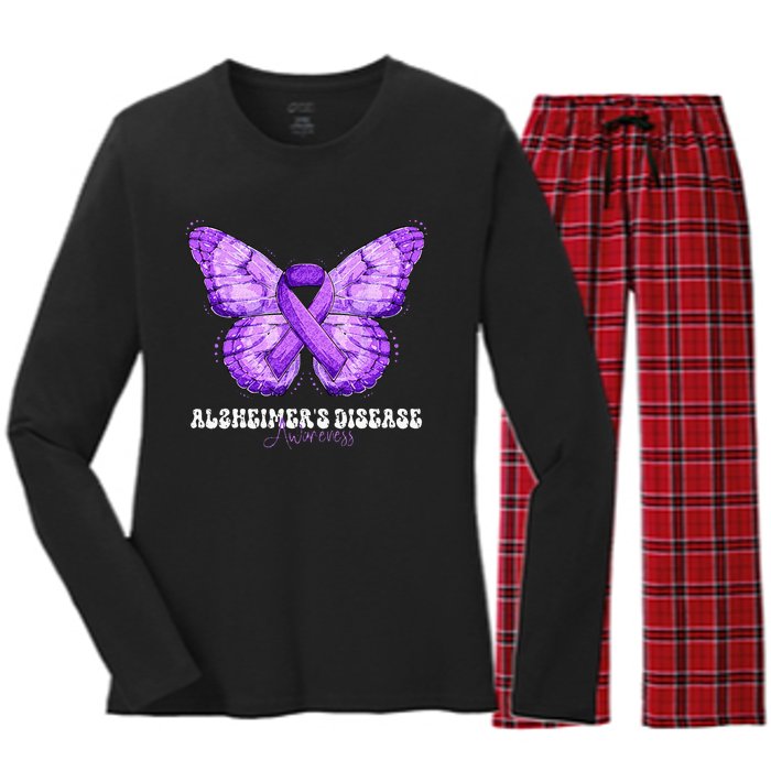 Alzheimers Disease Awareness Month Purple Ribbon Butterfly Women's Long Sleeve Flannel Pajama Set 