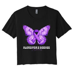 Alzheimers Disease Awareness Month Purple Ribbon Butterfly Women's Crop Top Tee