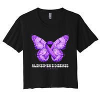 Alzheimers Disease Awareness Month Purple Ribbon Butterfly Women's Crop Top Tee