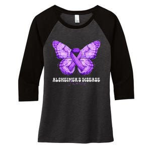 Alzheimers Disease Awareness Month Purple Ribbon Butterfly Women's Tri-Blend 3/4-Sleeve Raglan Shirt