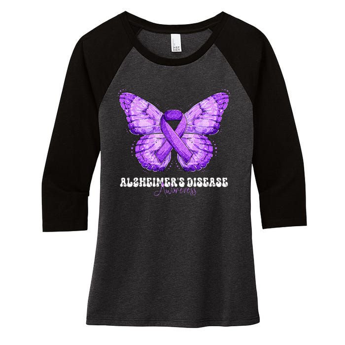 Alzheimers Disease Awareness Month Purple Ribbon Butterfly Women's Tri-Blend 3/4-Sleeve Raglan Shirt