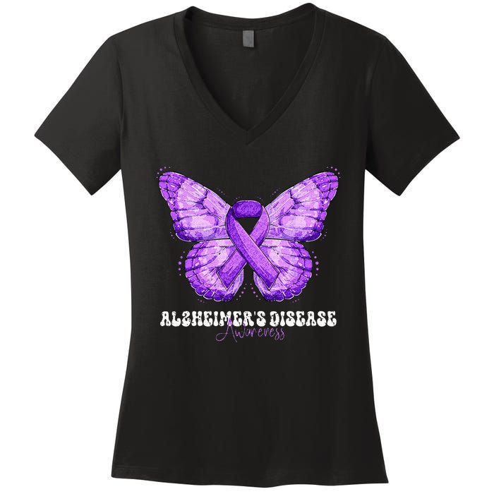 Alzheimers Disease Awareness Month Purple Ribbon Butterfly Women's V-Neck T-Shirt