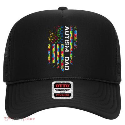 Autism Dad Awareness American Flag Usa High Crown Mesh Back Trucker Hat