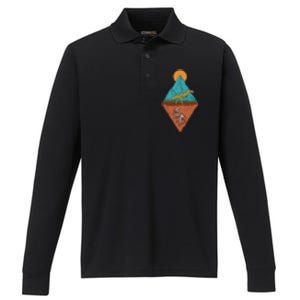 A Dinosaur And A Skeleton In A Mountainous Landscape Nature Dinosaur Skeleton Performance Long Sleeve Polo