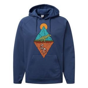 A Dinosaur And A Skeleton In A Mountainous Landscape Nature Dinosaur Skeleton Performance Fleece Hoodie