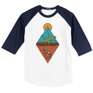 A Dinosaur And A Skeleton In A Mountainous Landscape Nature Dinosaur Skeleton Baseball Sleeve Shirt