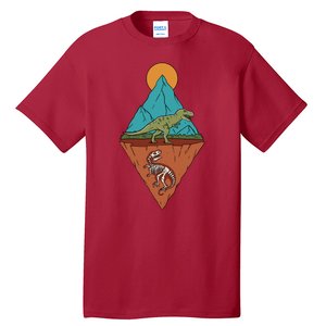 A Dinosaur And A Skeleton In A Mountainous Landscape Nature Dinosaur Skeleton Tall T-Shirt