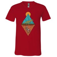 A Dinosaur And A Skeleton In A Mountainous Landscape Nature Dinosaur Skeleton V-Neck T-Shirt