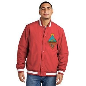 A Dinosaur And A Skeleton In A Mountainous Landscape Nature Dinosaur Skeleton Insulated Varsity Jacket