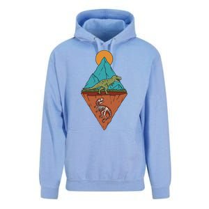 A Dinosaur And A Skeleton In A Mountainous Landscape Nature Dinosaur Skeleton Unisex Surf Hoodie