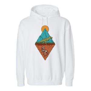 A Dinosaur And A Skeleton In A Mountainous Landscape Nature Dinosaur Skeleton Garment-Dyed Fleece Hoodie