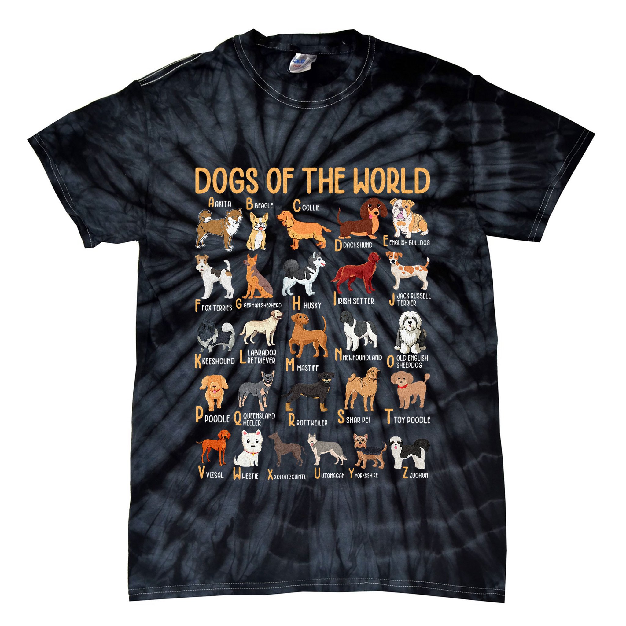 Alphabet Dog Breeds Various Kawaii Cartoon Dogs Dog Tie-Dye T-Shirt