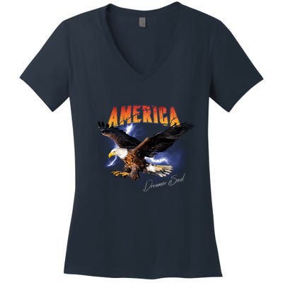 American Dreamer Bald Eagle In Action Women's V-Neck T-Shirt