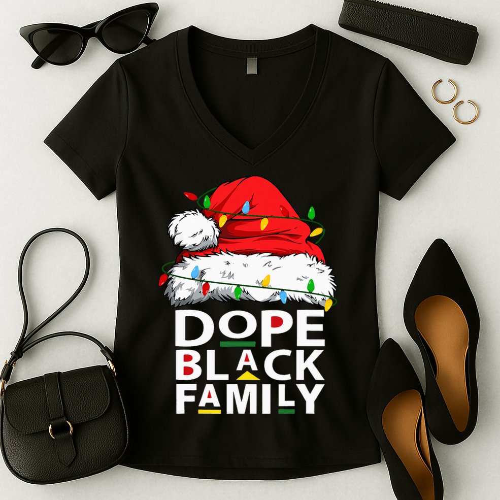 African Dope Black Family Afro Team Santa Matching Christmas Women's V-Neck T-Shirt