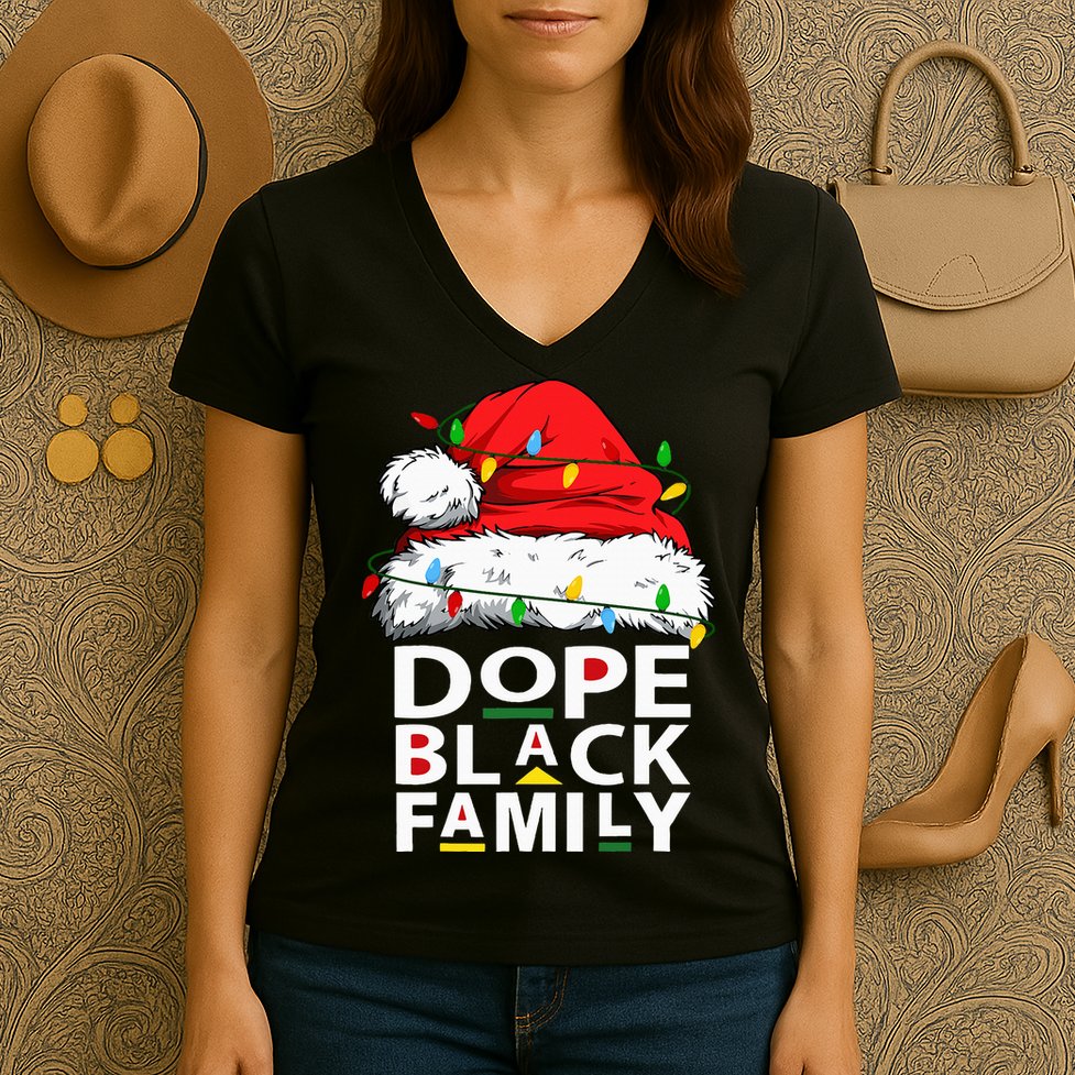 African Dope Black Family Afro Team Santa Matching Christmas Women's V-Neck T-Shirt